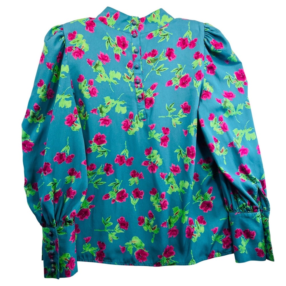 Dayran JR Floral High Neck Blouse Teal Pink Long Sleeve Button Cuff Vintage Sz0